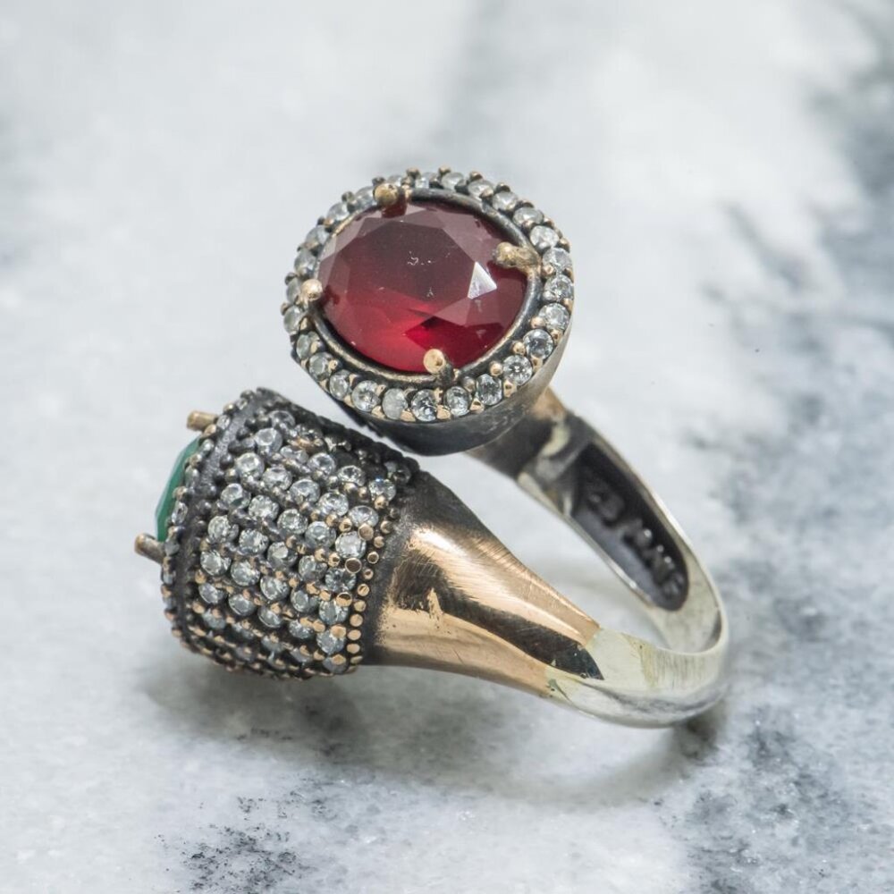 Vintage Ruby Emerald & Ruby Statement Ring Size 7 - image 2